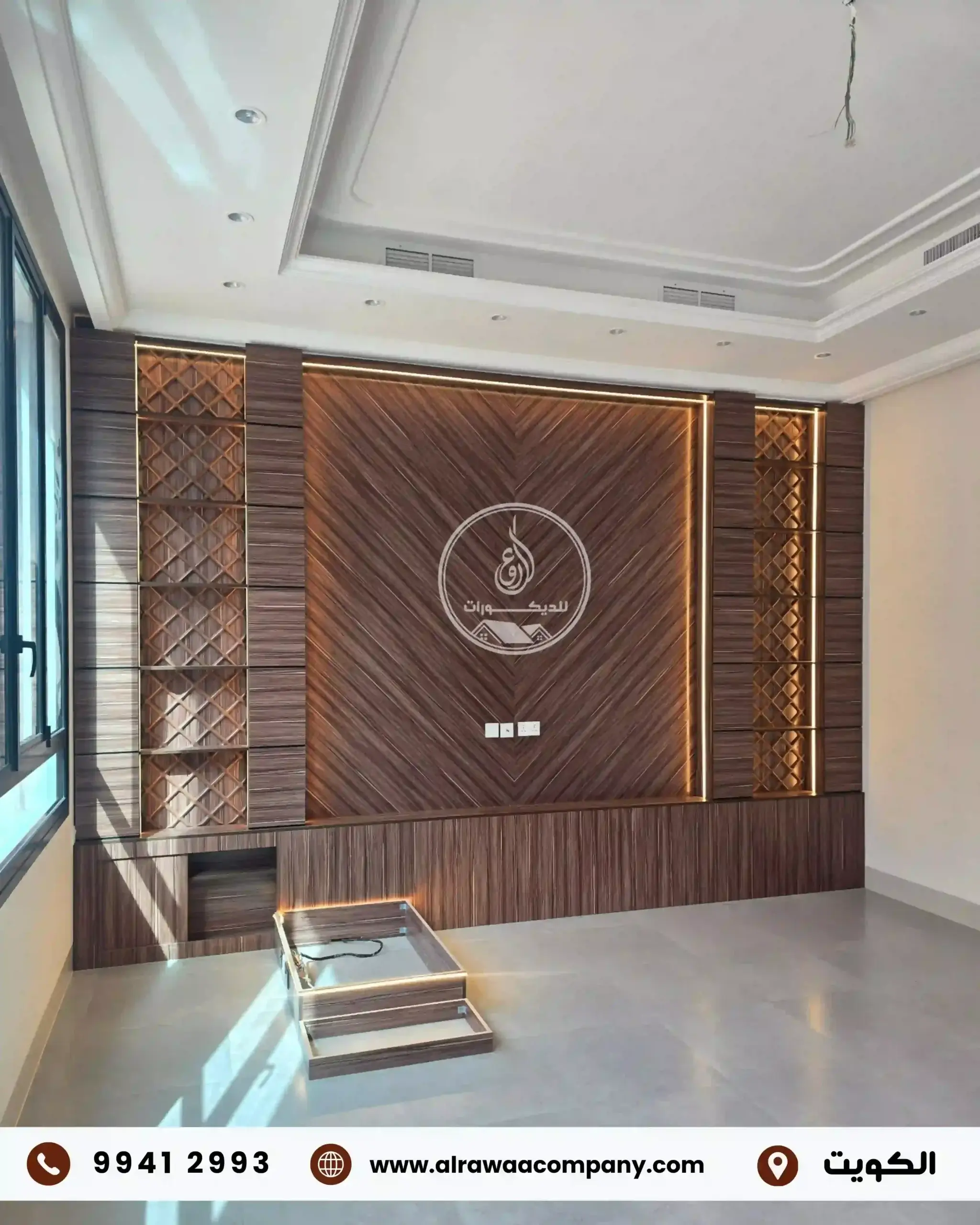 تصميم وجار ديوانيه الكويت 2026 بأرفف مضيئة